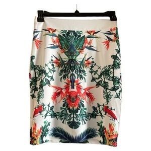 Hypr Tropical Hawaiian Mini Skirt Bodycon Lined Stretch‎ Cream Multi Size Small